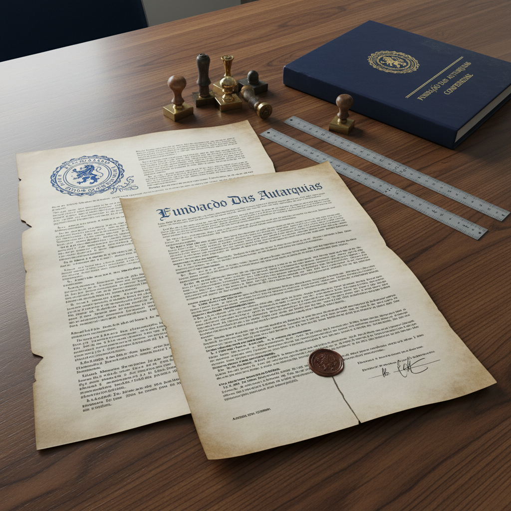 A large, meticulously detailed foundation charter document spread across a dark oak table, its thick parchment pages embossed with the seal of the Reino do Manso and precise blue-and-gold typography. Around it lie metal rulers, archival ink stamps, and a closed, navy-blue hardcover dossier labeled “Fundação das Autarquias”. Overhead, cool white office lighting casts even illumination, highlighting the document’s texture and faint watermark while soft shadows define each object. Captured from a slightly elevated, photographic perspective with sharp focus throughout, the composition feels formal and organized, evoking rigor, legality, and the structured nature of municipal governance.