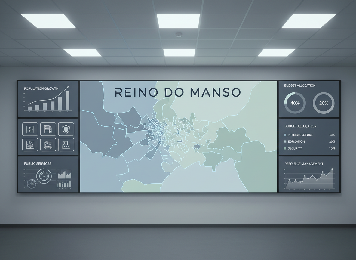 A modern control center wall displaying a high-resolution, stylized map of the Reino do Manso, each municipality clearly outlined in refined blue lines with administrative zones softly color-coded in muted tones. Surrounding the map are clean, minimalist data panels showing charts, icons of public services, and structured statistics. The room is lit by cool, even LED panel lighting that reduces glare, giving the screens a crisp clarity. Photographic realism, captured from an eye-level, wide-angle view, with the central map in perfect focus and peripheral displays gently softened, projecting an atmosphere of strategic oversight, coordination, and professional public administration.