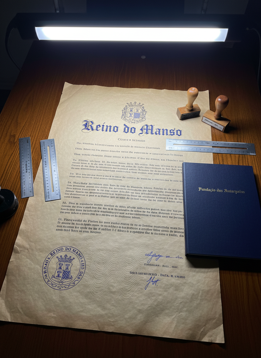 A large, meticulously detailed foundation charter document spread across a dark oak table, its thick parchment pages embossed with the seal of the Reino do Manso and precise blue-and-gold typography. Around it lie metal rulers, archival ink stamps, and a closed, navy-blue hardcover dossier labeled “Fundação das Autarquias”. Overhead, cool white office lighting casts even illumination, highlighting the document’s texture and faint watermark while soft shadows define each object. Captured from a slightly elevated, photographic perspective with sharp focus throughout, the composition feels formal and organized, evoking rigor, legality, and the structured nature of municipal governance.