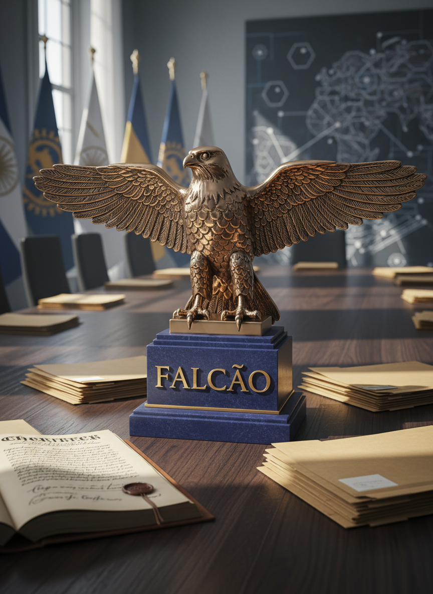 An elegant bronze falcon emblem with finely etched feathers and a polished, reflective surface, mounted on a deep blue stone plinth engraved with the word “FALCÃO”. The emblem stands in the center of a minimalist council chamber table made of dark wood, surrounded by neatly arranged folders and a single open leather-bound charter showing intricate calligraphy. Cool, diffused daylight enters from tall unseen windows, creating soft reflections on the bronze and subtle shadows across the table. Photographic realism at eye level, sharp focus on the falcon with a gently blurred, dignified backdrop of flags and abstract maps, conveying professionalism, stability, and institutional authority.