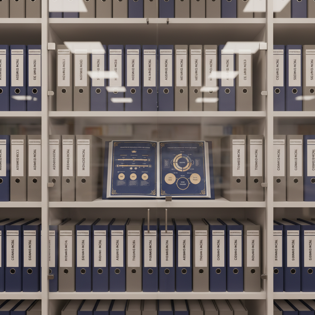 A sleek, glass-fronted archive cabinet in a municipal learning center, shelves lined with uniformly labeled navy-blue and gray binders titled with different autarquias of the Reino do Manso. On a central display shelf rests an open binder presenting a visually rich infographic about the foundation process: timelines, diagrams of governance structures, and icons in a restrained blue-and-gold palette. Neutral, soft studio-style lighting from above and the front brings out the clarity of the glass and the matte texture of the binders. Photographic realism, composed at eye level with the open binder in crisp focus and the rest fading into a gentle bokeh, conveying accessible, organized institutional knowledge.