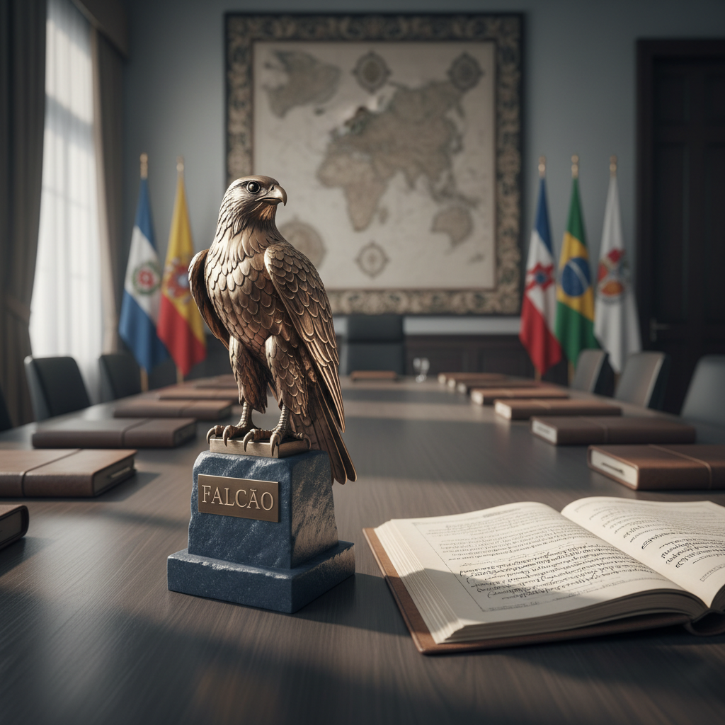 An elegant bronze falcon emblem with finely etched feathers and a polished, reflective surface, mounted on a deep blue stone plinth engraved with the word “FALCÃO”. The emblem stands in the center of a minimalist council chamber table made of dark wood, surrounded by neatly arranged folders and a single open leather-bound charter showing intricate calligraphy. Cool, diffused daylight enters from tall unseen windows, creating soft reflections on the bronze and subtle shadows across the table. Photographic realism at eye level, sharp focus on the falcon with a gently blurred, dignified backdrop of flags and abstract maps, conveying professionalism, stability, and institutional authority.